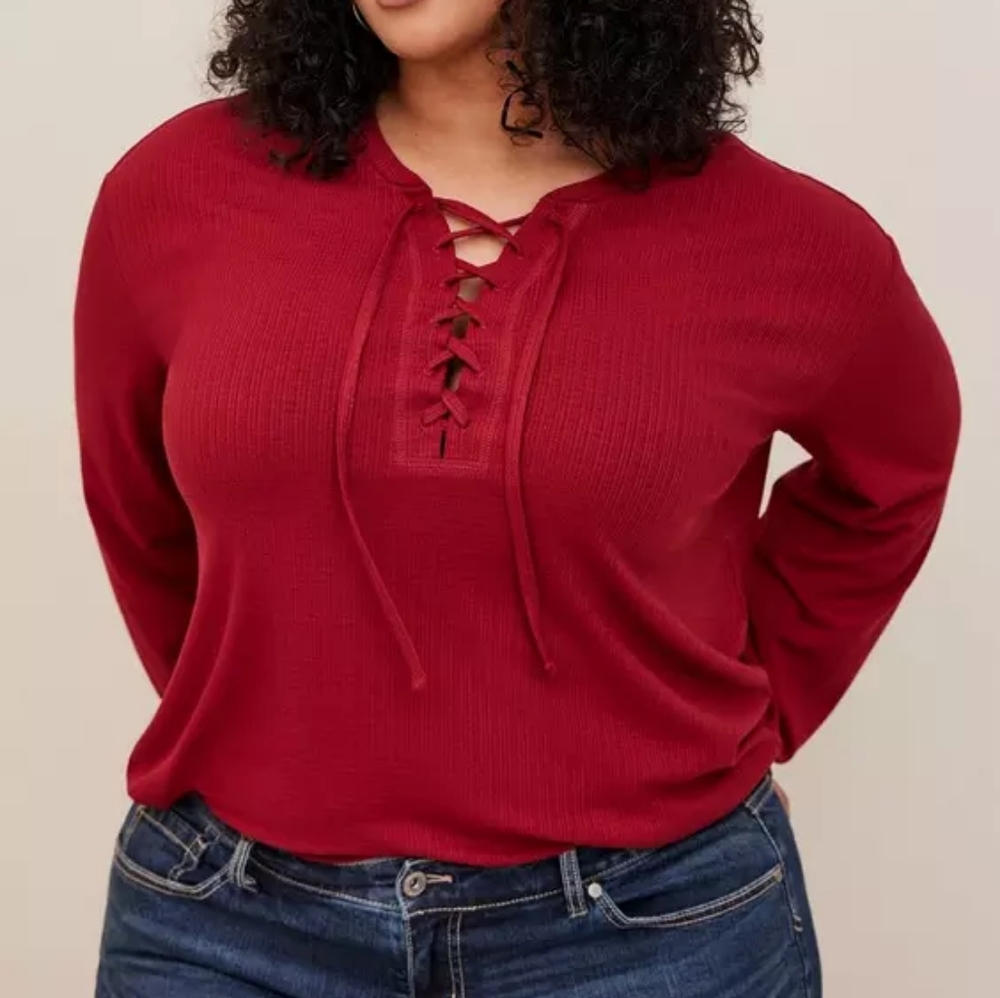 Torrid Texture Jersey Lace-Up Drop Shoulder Top Long Sleeve Burgundy Size 2